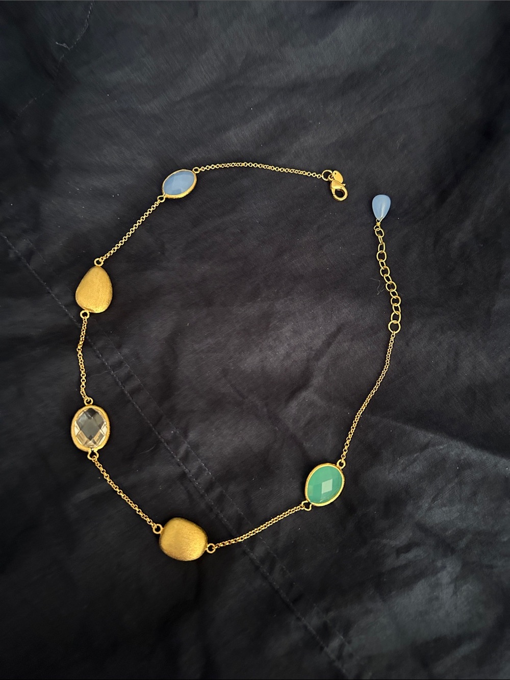 Rivka Friedman Gold Necklace with Blue and Green Gem Accents